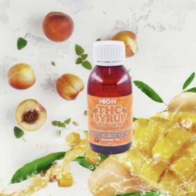 Bottle of Sky High Edibles THC syrup, Peach Mango flavour, 3000mg THC