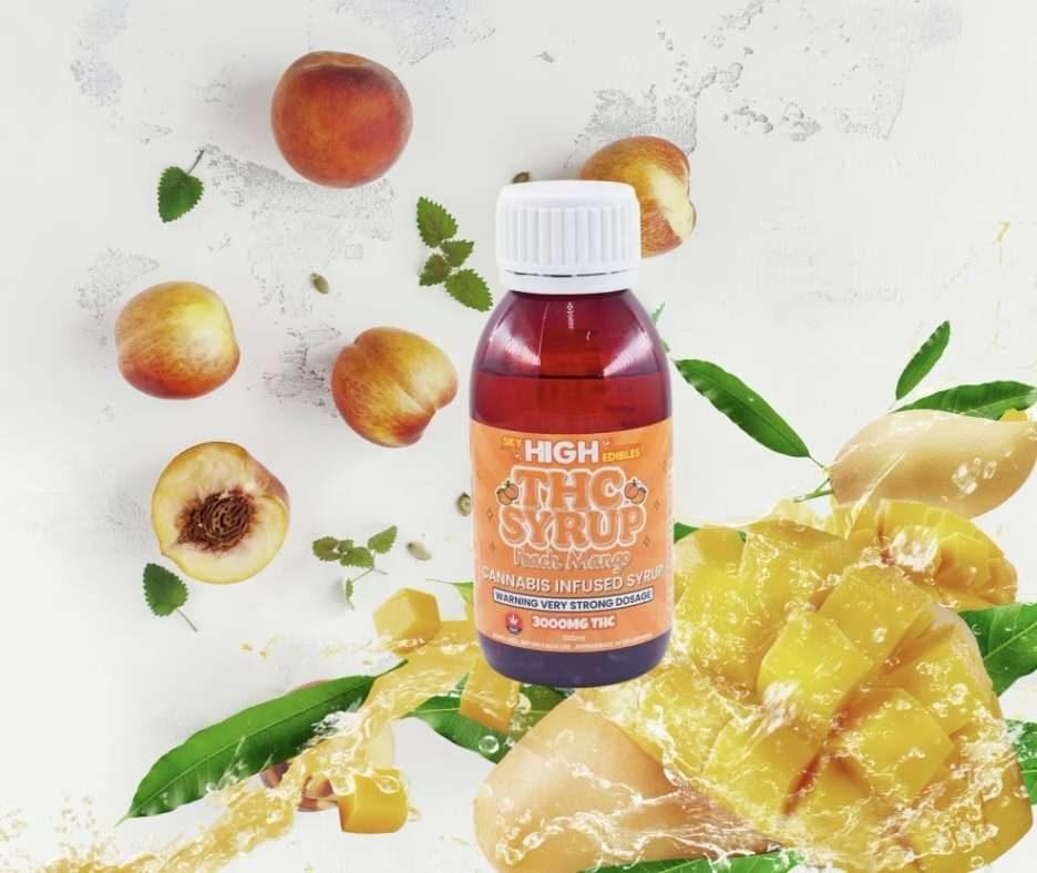 Bottle of Sky High Edibles THC syrup, Peach Mango flavour, 3000mg THC