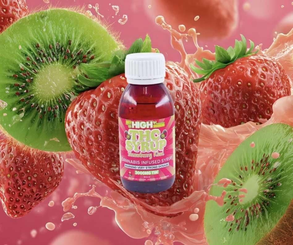 Bottle of Sky High Edibles THC syrup, Strawberry Kiwi flavour, 3000mg THC