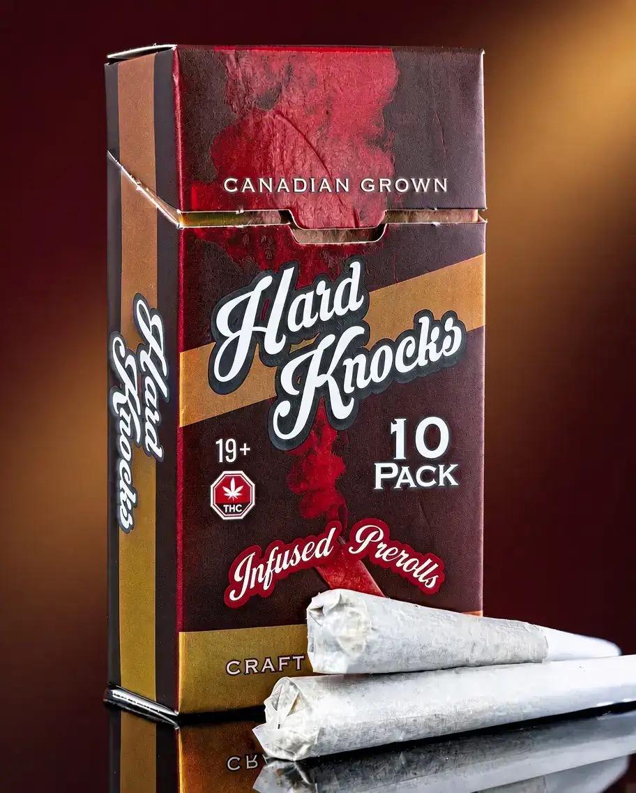Hard Knocks Infused Pre Rolls 10 pack box with two pre-rolls - Indica, Hybrid or Sativa